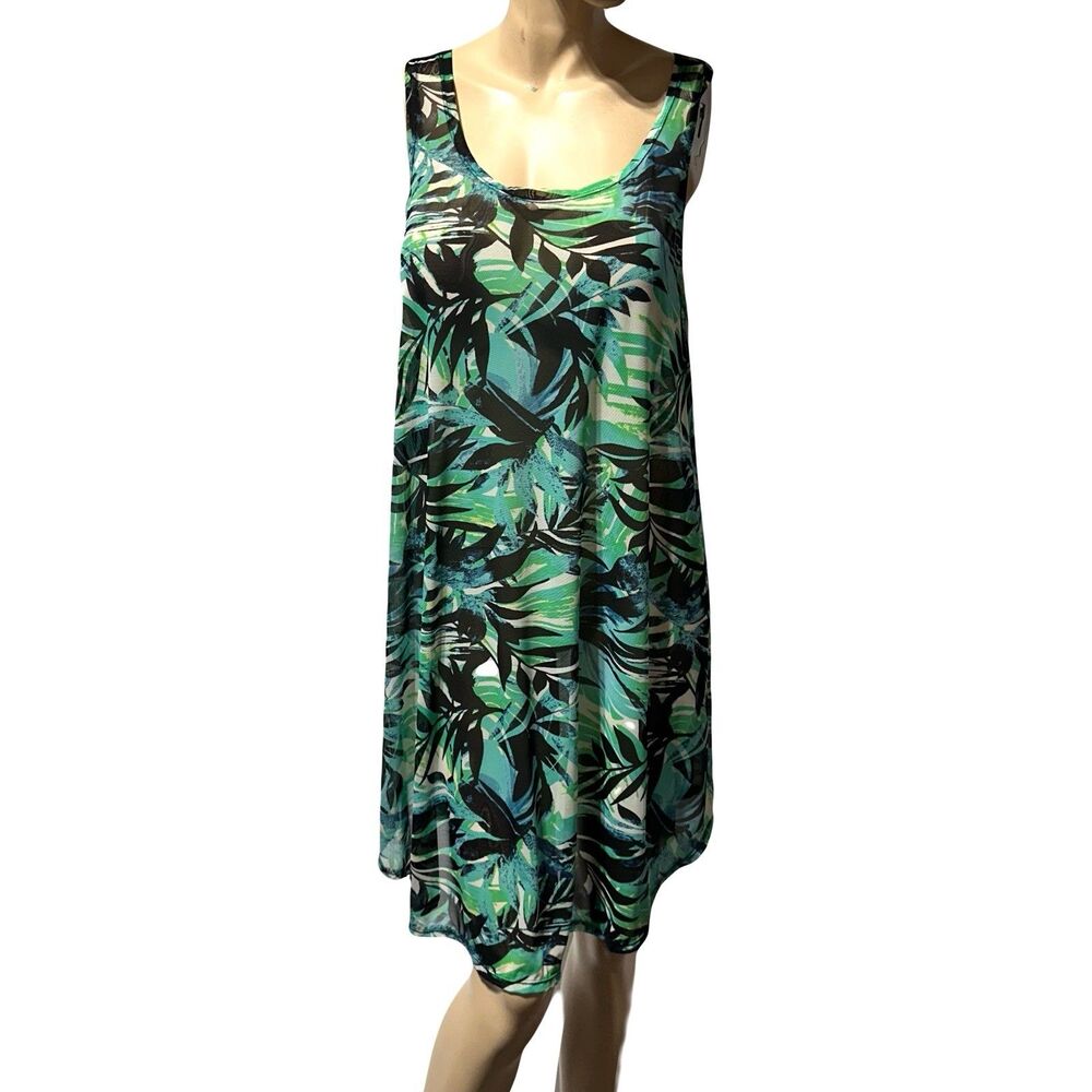 SWIMSUITS FOR ALL Size 14 16 Swimsuit Cover Up Dress Sheer Green Black Tropical